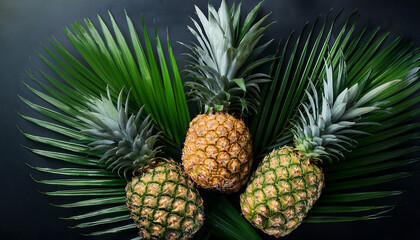 Vibrant Arrangement Of Pineapples With Lush Green Leaves On A Dark Background Ideal For Tropical Themes