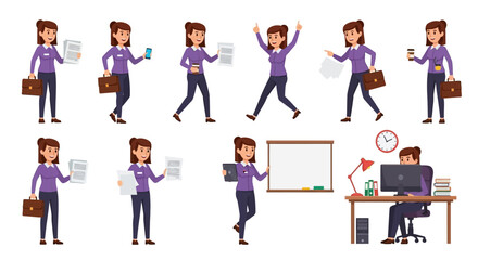 Naklejka premium Cartoon office worker character constructor vector illustration. A businesswoman wearing a purple shirt and trousers holds a briefcase, documents, a smartphone, and a coffee cup. Various poses and act