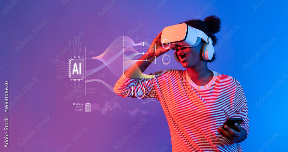 Poster a young woman wearing a vr headset interacts with ai concepts and big data visuals, reflecting a vib