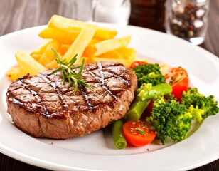 Grilled steak with French fries and vegetables