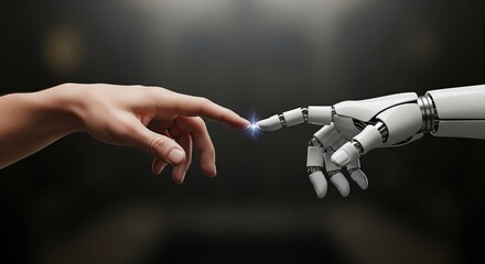 Human and Robot Connection: Capturing a symbolic, thought-provoking image of a human hand and a robotic hand, nearly touching with a spark representing the dawn of a new era in technology.