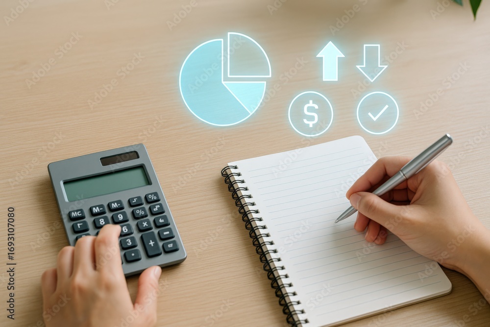 Poster close-up shot of hands working on financial and mathematical tasks. the image features a calculator,