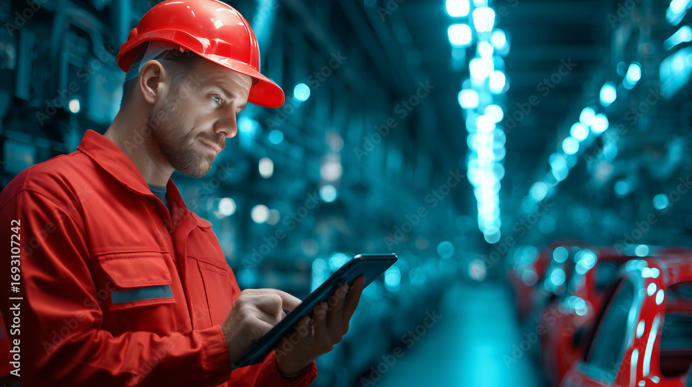 Poster inside a bustling vehicle assembly facility, a worker in a red uniform and helmet is focused on usin