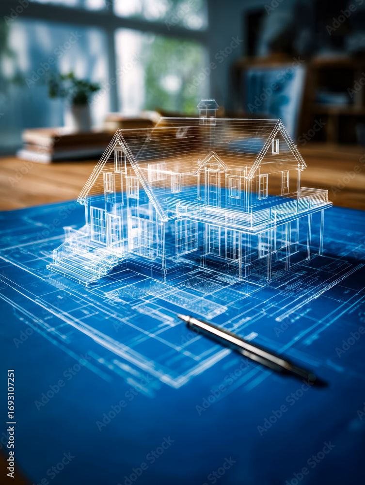 Poster architectural blueprint of a modern house with 3d virtual model on a drafting table