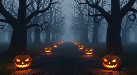 Spooky Halloween Night Forest Path Lined with Glowing Jack O Lanterns