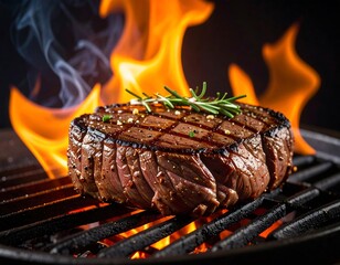 Grilled steak on a hot grill with flames