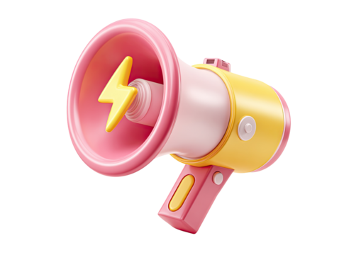 3D rendered, cartoonish megaphone with a lightning bolt graphic, bright pink and yellow colors