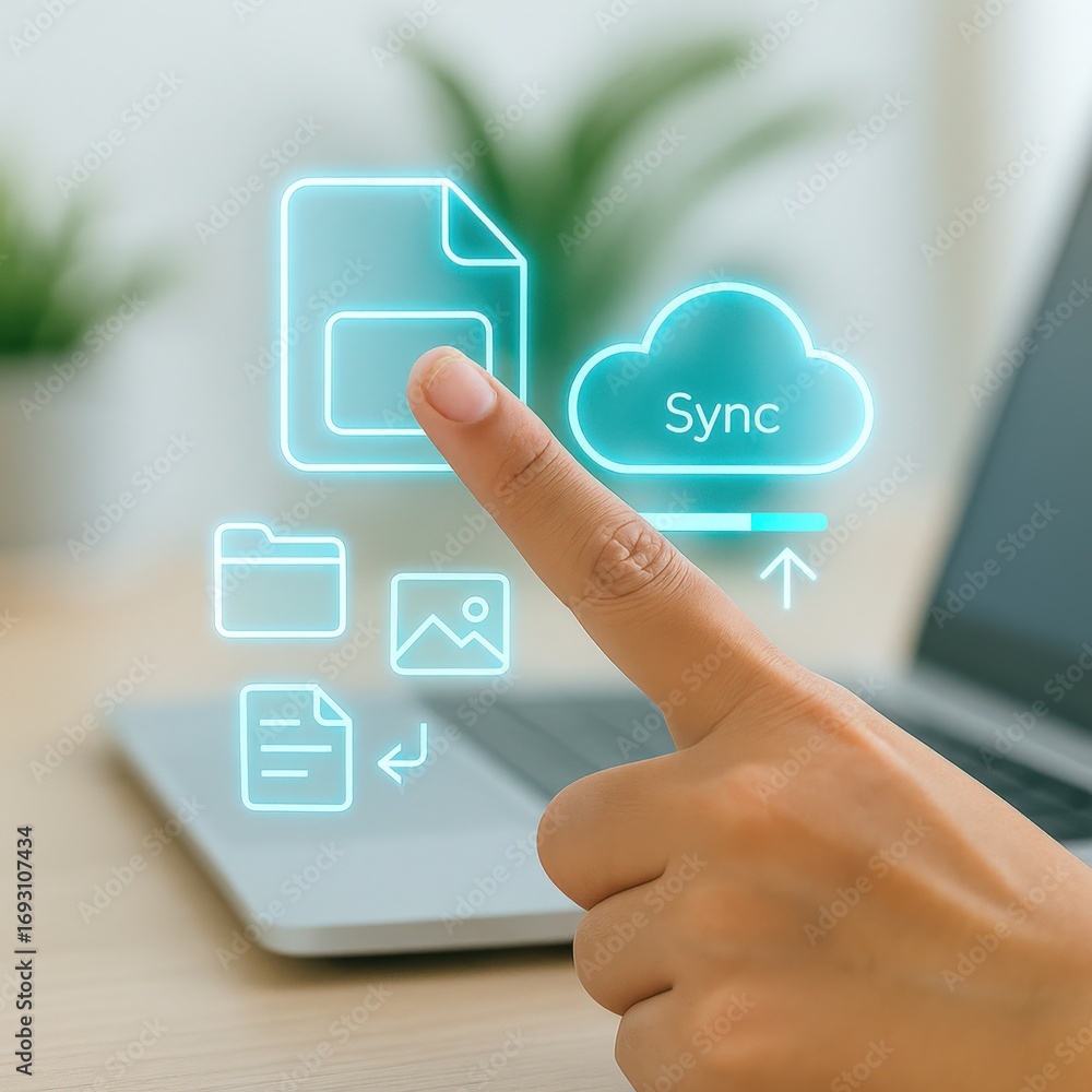 Aufkleber a person's hand pointing at a digital document on a screen, depicting a data synchronization process