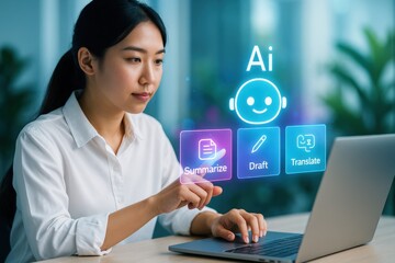 An asian woman engaging with AI technology on a laptop, innovation and digital transformation. The image shows an asian woman in a modern office environment interacting with an AI interface.