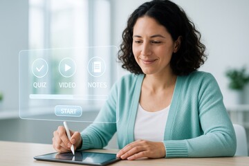 A Woman Engaged in Online Learning with a Tablet