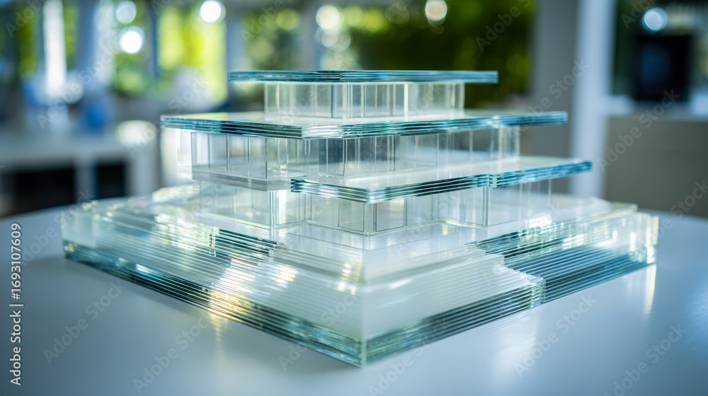 Poster modern architectural model made of stacked and layered transparent glass plates showcasing creative 