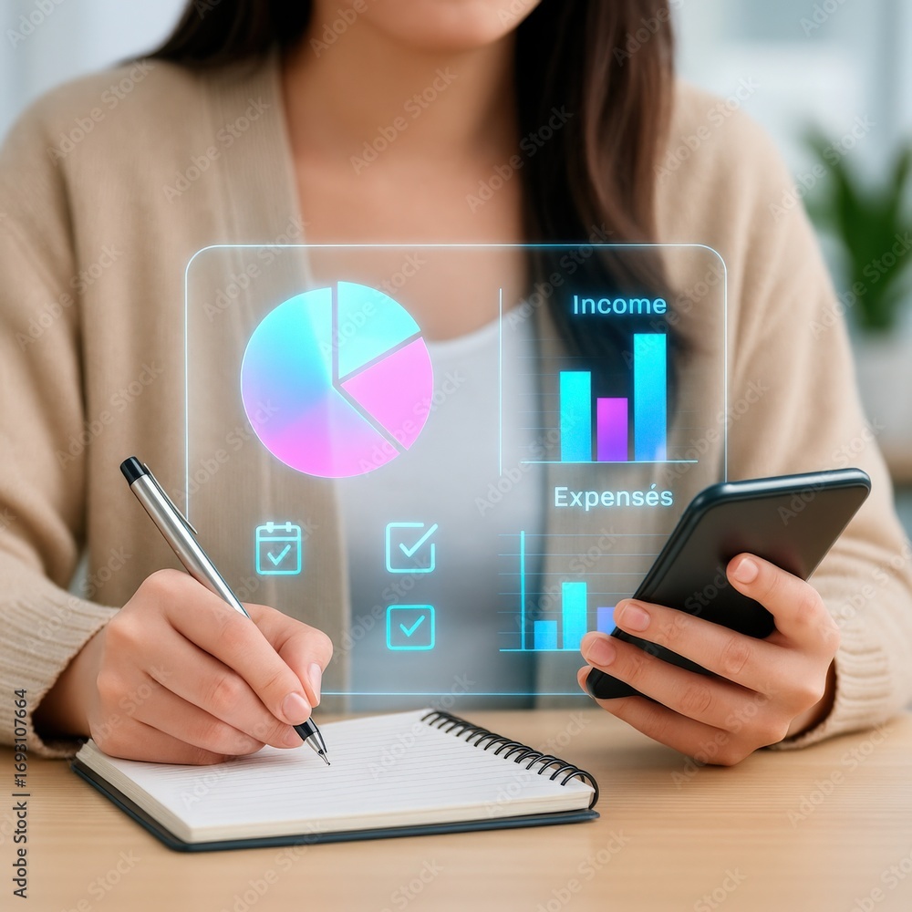Poster a person reviewing financial data using both a notebook and a smartphone. the image conveys themes o