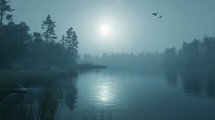 Fototapeta premium Tranquil lake at twilight with mist shrouded trees and a silvery moonlight reflection upon still