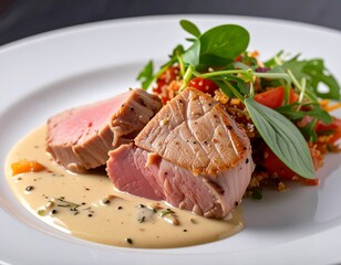 Grilled tuna with a creamy sauce and a salad