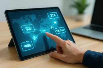 A person's hand interacting with a digital tablet screen displaying a global map with icons representing different modes of transport