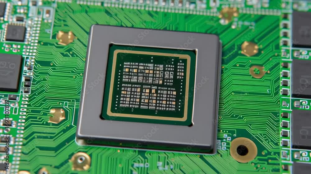 Poster a green computer chip is shown in detail. the chip is a microprocessor and is the brain of a compute
