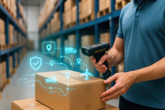 a warehouse worker scanning a cardboard box with digital icons representing logistics and supply chain, focusing on efficiency and data management