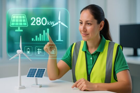 a woman interacting with a futuristic interface displaying renewable energy data. A woman wearing a vest is interacting with a virtual interface showcasing solar panel and wind turbine data