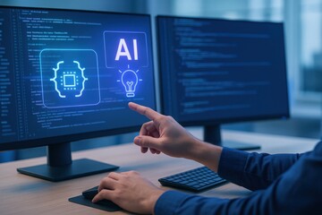 Fototapeta premium A modern workspace, showcasing AI technology and coding processes. The scene highlights the interface of AI 