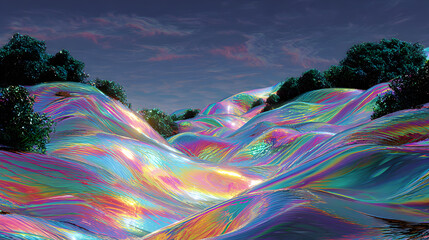 Surreal iridescent landscape glows with vibrant rainbow waves under a twilight sky and dark green trees