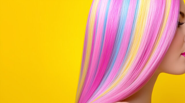 A person showcases a vibrant hairstyle with pastel rainbow highlights. The hair features shades of pink, blue, and yellow, set against a bright yellow background, emphasizing creativity and boldness
