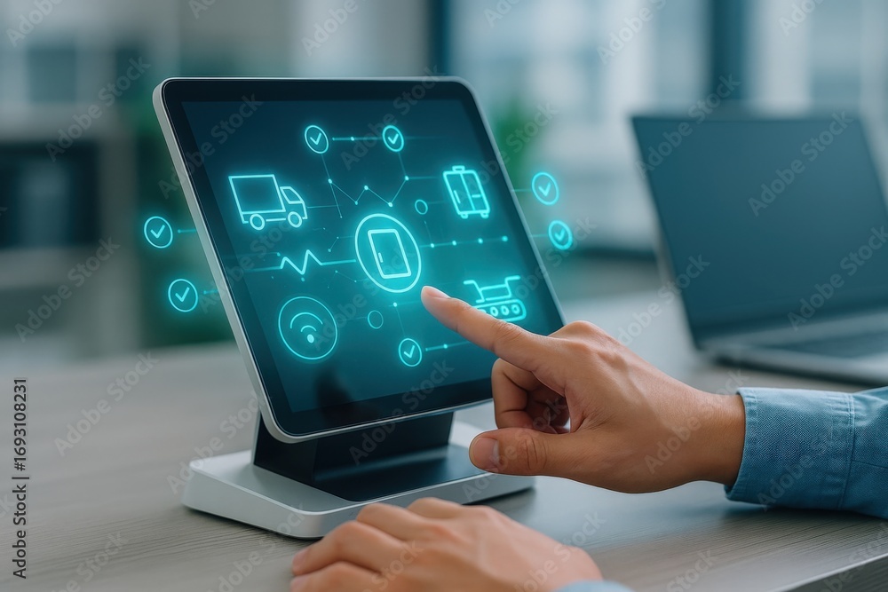 Poster Modern technology and online shopping represented through a hand interacting with a tablet. It's a visual concept to show digital technology and user interface.