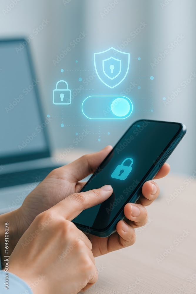 Poster a person using smartphone with security lock and shield icons