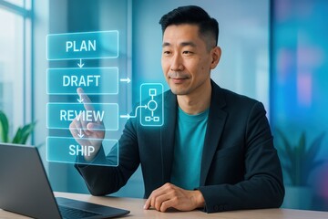 Fototapeta premium A professional man interacting with a futuristic workflow interface, focusing on stages such as Plan, Draft, Review, and Ship
