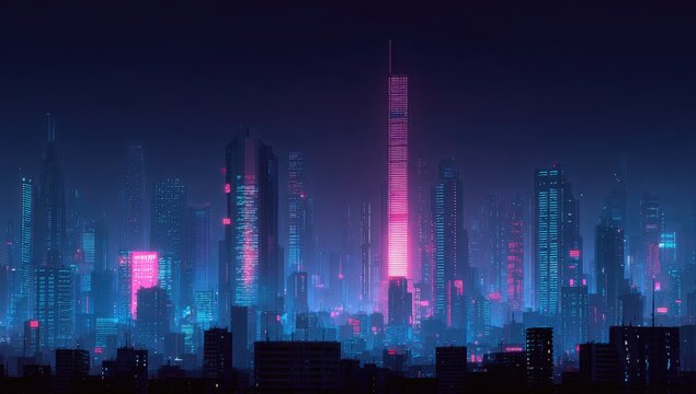 Futuristic cityscape at night, vibrant neon glow