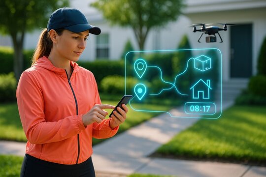 A woman controls a drone via phone for delivery in suburban area