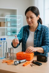 A woman diligently prepares an emergency kit, ensuring preparedness. A checklist hovers, indicating essential items for safety and self-reliance