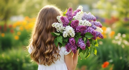 Naklejka premium Girl Holding Lilac Bouquet in Garden.