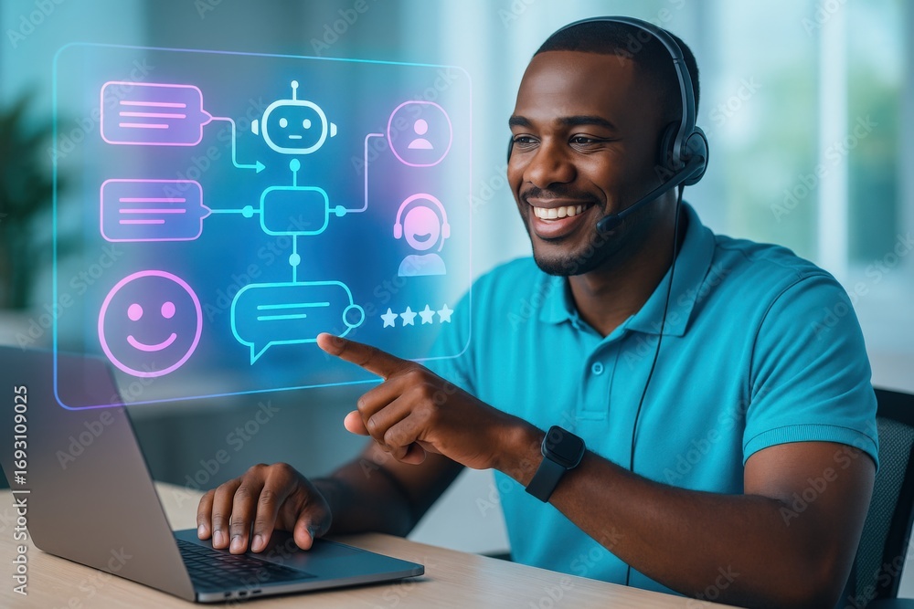 Poster a smiling man uses a laptop while wearing headphones, interacts with a user interface featuring a ch