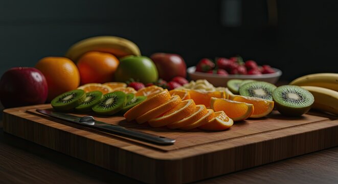 Colorful Sliced Fruit on Cutting Board with Knife Arrangement
