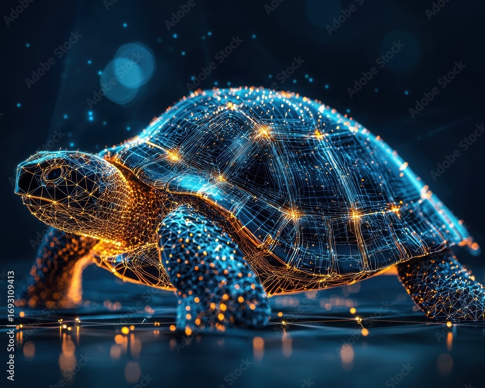 Aufkleber futuristic digital representation of a turtle with glowing network lines and points of light