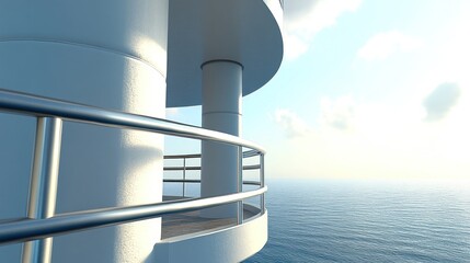 Architectural seascape, curving deck structures against endless ocean panorama