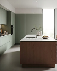 Sleek Sage Green and Wood Kitchen with Central Island in Natural Light