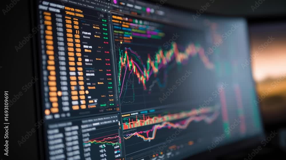 Poster a computer monitor displays a graph of stock prices. the graph is colorful and has many different li