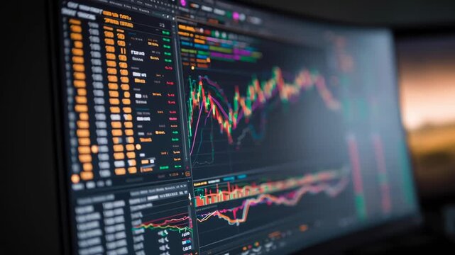 A computer monitor displays a graph of stock prices. The graph is colorful and has many different lines, indicating the fluctuations in the stock market