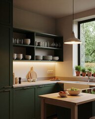 Modern Minimalist Forest Green Kitchen with Open Shelving and Warm Lighting