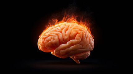 A vividly depicted human brain is engulfed in flames, representing heightened creativity and mental intensity. The dark background enhances the dramatic effect of the fiery brain