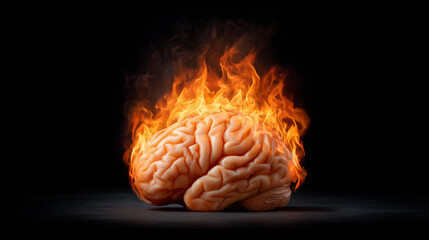 A human brain is covered in bright flames, symbolizing the fierce power of thought and creativity. The dark background enhances the striking contrast of fire and the brain's details