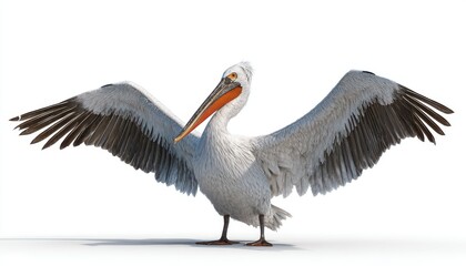 Fototapeta premium White Pelican Spreading Wings in a Studio Setting on White Background