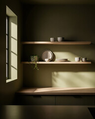 Olive Green Minimalist Kitchen with Wooden Shelves and Warm Subtle Shadows