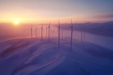 Wind turbines on a snow-covered mountain at sunset, generating clean energy.