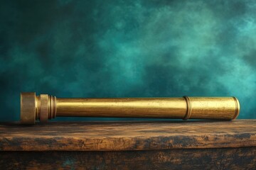 Obraz premium Antique brass telescope rests on a wooden surface against a teal background, evoking nautical exploration.
