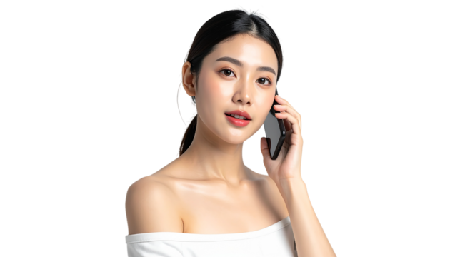 Woman in Studio on Transparent Background speaks on the phone. Great for portrait photography, branding.