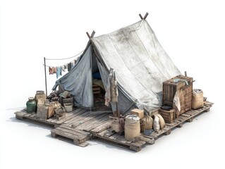 Fototapeta premium Weathered Tent Structure Surrounded by Various Supplies and Items