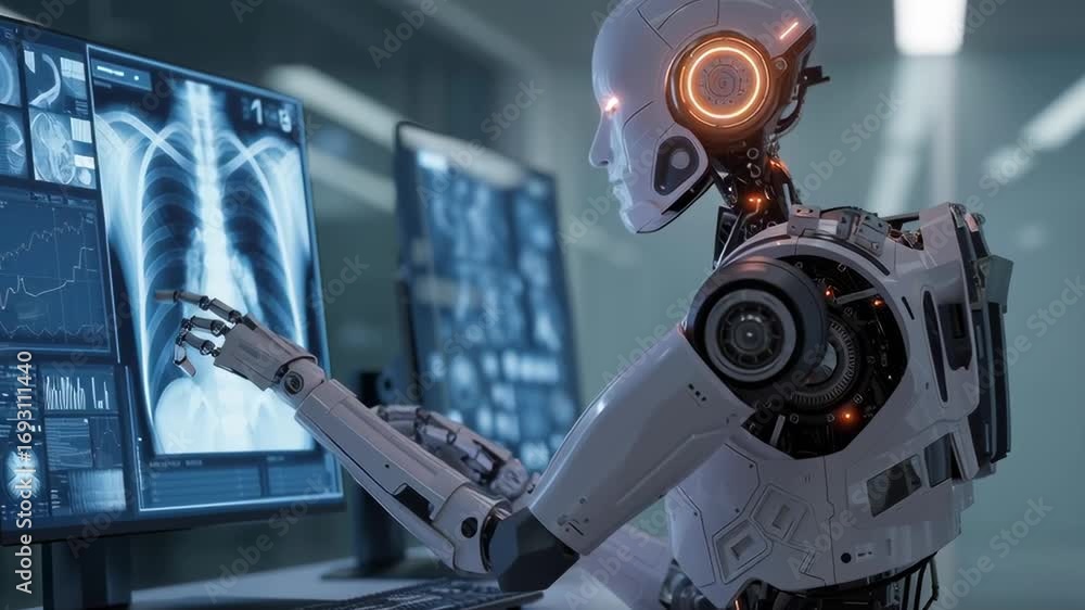 Poster a robot is sitting in front of a computer monitor with a skeleton on the screen. the robot is using 