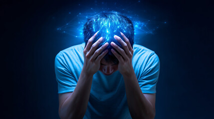 A man in a blue shirt is holding his head in distress, surrounded by luminous digital representations of brain connections, symbolizing mental strain and anxiety